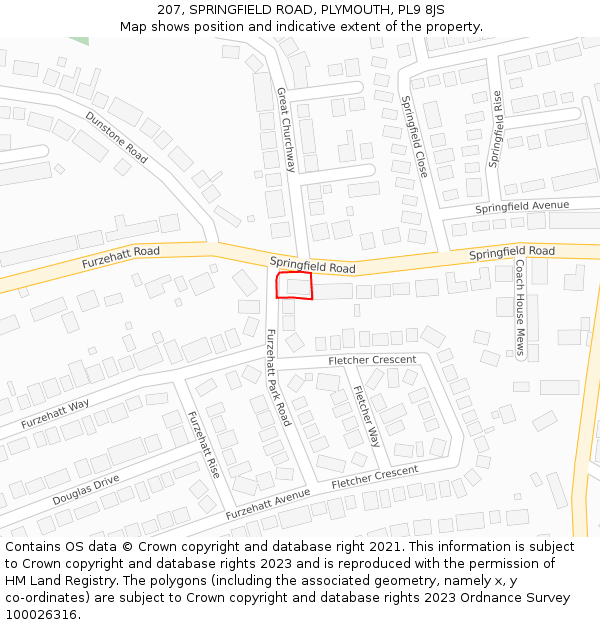 207, SPRINGFIELD ROAD, PLYMOUTH, PL9 8JS: Location map and indicative extent of plot