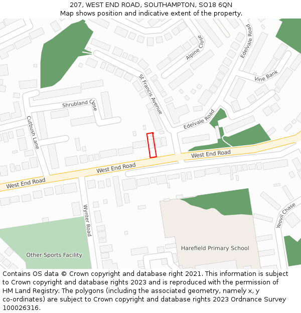 207, WEST END ROAD, SOUTHAMPTON, SO18 6QN: Location map and indicative extent of plot