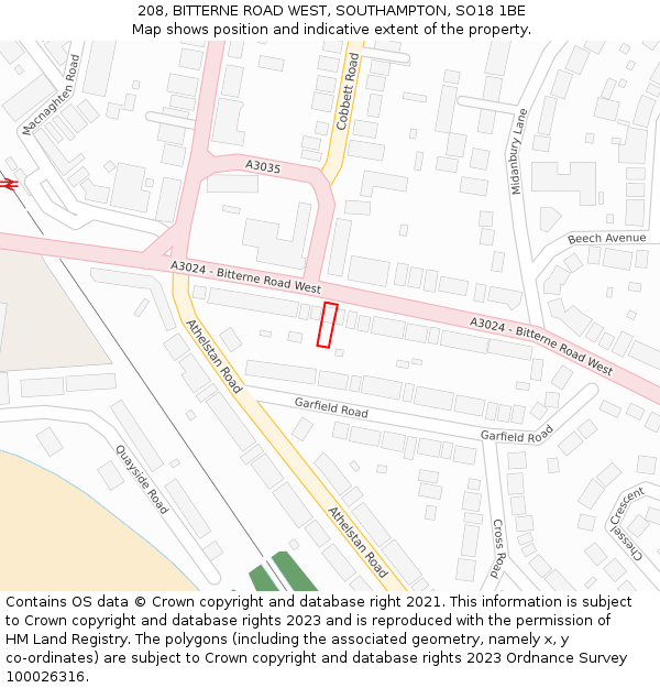 208, BITTERNE ROAD WEST, SOUTHAMPTON, SO18 1BE: Location map and indicative extent of plot