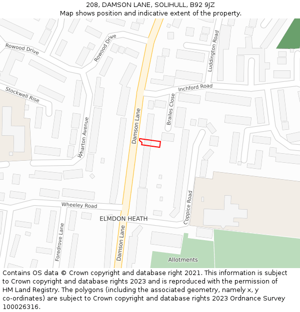 208, DAMSON LANE, SOLIHULL, B92 9JZ: Location map and indicative extent of plot