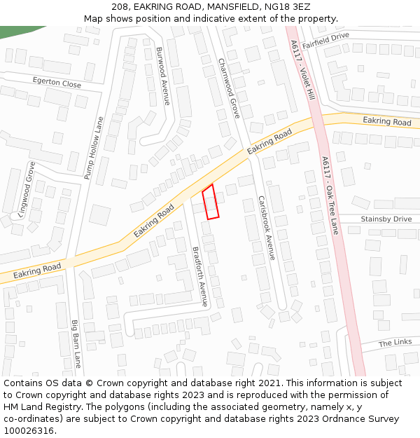 208, EAKRING ROAD, MANSFIELD, NG18 3EZ: Location map and indicative extent of plot