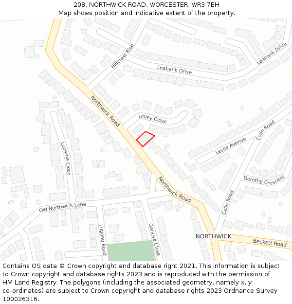 208, NORTHWICK ROAD, WORCESTER, WR3 7EH: Location map and indicative extent of plot
