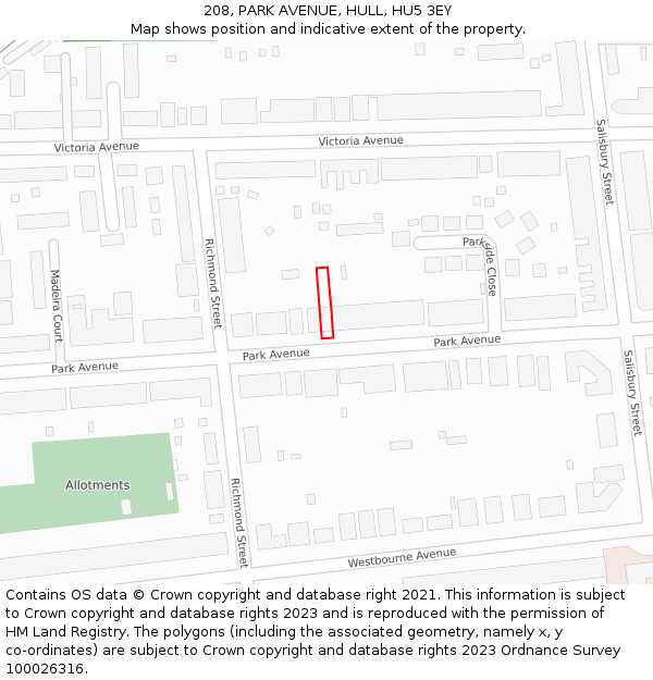 208, PARK AVENUE, HULL, HU5 3EY: Location map and indicative extent of plot