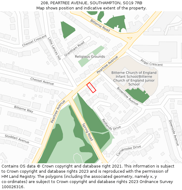 208, PEARTREE AVENUE, SOUTHAMPTON, SO19 7RB: Location map and indicative extent of plot