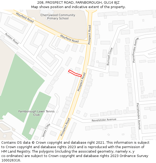 208, PROSPECT ROAD, FARNBOROUGH, GU14 8JZ: Location map and indicative extent of plot