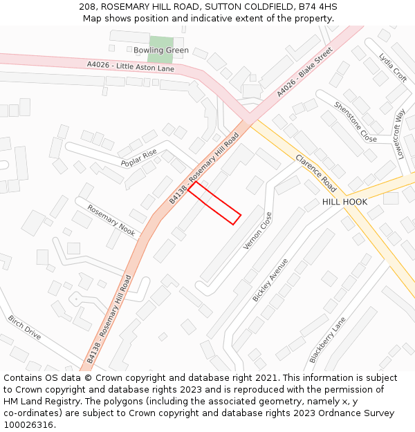 208, ROSEMARY HILL ROAD, SUTTON COLDFIELD, B74 4HS: Location map and indicative extent of plot