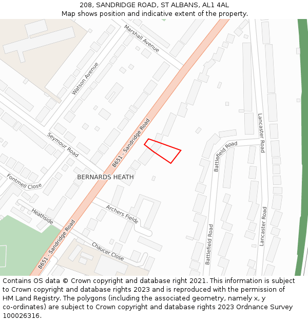 208, SANDRIDGE ROAD, ST ALBANS, AL1 4AL: Location map and indicative extent of plot