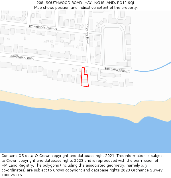 208, SOUTHWOOD ROAD, HAYLING ISLAND, PO11 9QL: Location map and indicative extent of plot