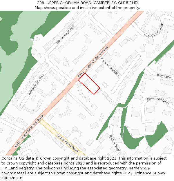208, UPPER CHOBHAM ROAD, CAMBERLEY, GU15 1HD: Location map and indicative extent of plot