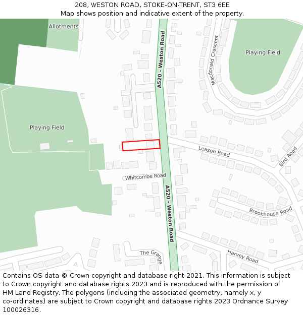208, WESTON ROAD, STOKE-ON-TRENT, ST3 6EE: Location map and indicative extent of plot