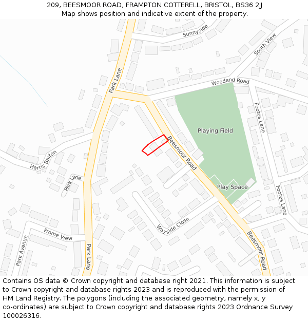 209, BEESMOOR ROAD, FRAMPTON COTTERELL, BRISTOL, BS36 2JJ: Location map and indicative extent of plot