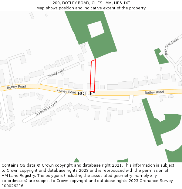 209, BOTLEY ROAD, CHESHAM, HP5 1XT: Location map and indicative extent of plot