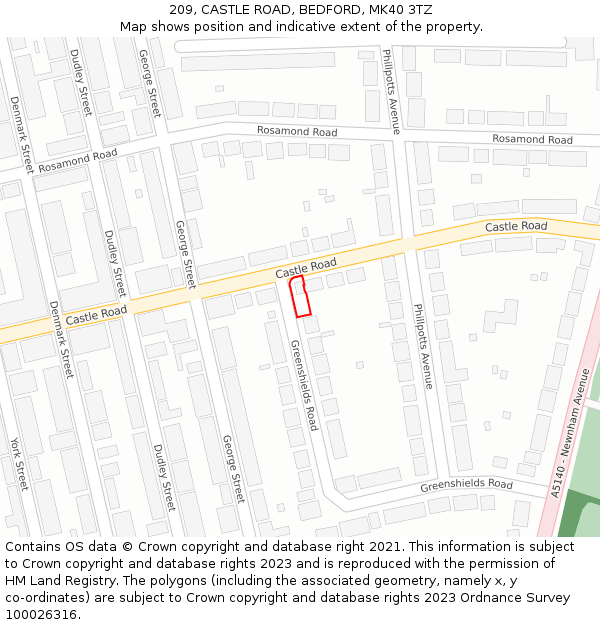 209, CASTLE ROAD, BEDFORD, MK40 3TZ: Location map and indicative extent of plot