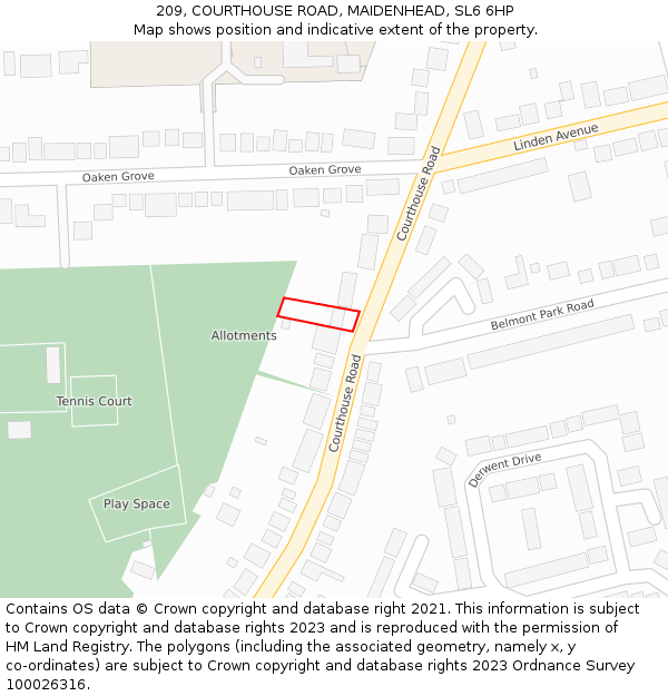 209, COURTHOUSE ROAD, MAIDENHEAD, SL6 6HP: Location map and indicative extent of plot