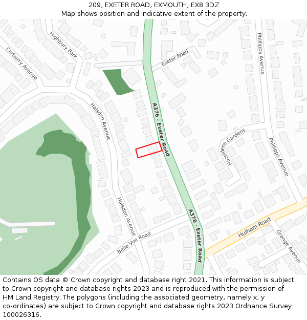 209, EXETER ROAD, EXMOUTH, EX8 3DZ: Location map and indicative extent of plot