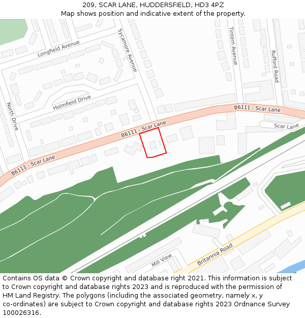 209, SCAR LANE, HUDDERSFIELD, HD3 4PZ: Location map and indicative extent of plot