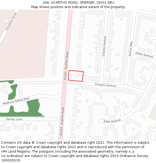 209, SCARTHO ROAD, GRIMSBY, DN33 2BU: Location map and indicative extent of plot