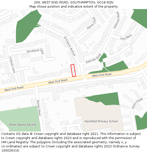 209, WEST END ROAD, SOUTHAMPTON, SO18 6QN: Location map and indicative extent of plot