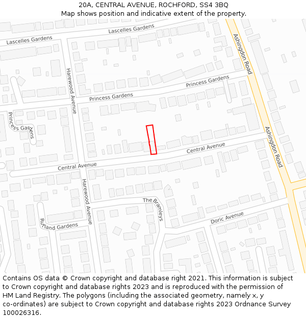 20A, CENTRAL AVENUE, ROCHFORD, SS4 3BQ: Location map and indicative extent of plot