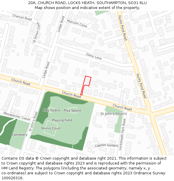20A, CHURCH ROAD, LOCKS HEATH, SOUTHAMPTON, SO31 6LU: Location map and indicative extent of plot
