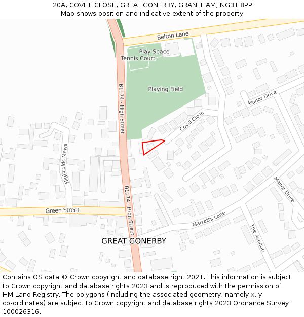20A, COVILL CLOSE, GREAT GONERBY, GRANTHAM, NG31 8PP: Location map and indicative extent of plot