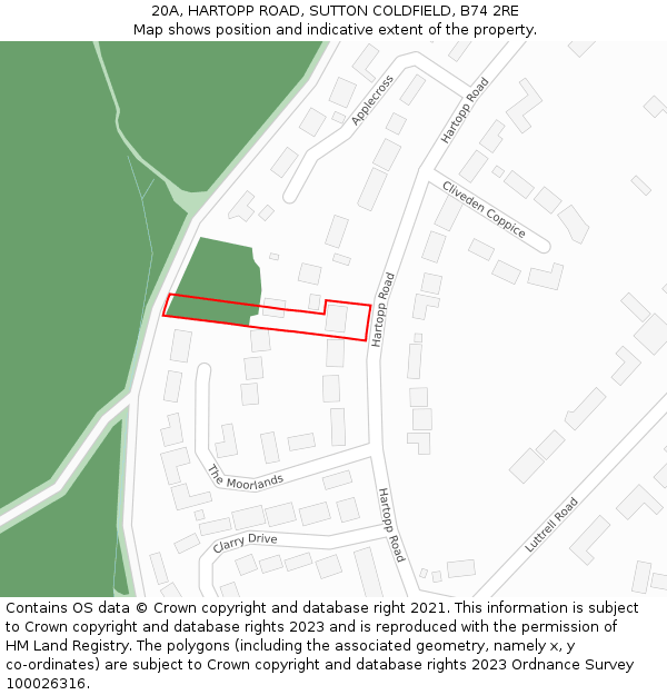 20A, HARTOPP ROAD, SUTTON COLDFIELD, B74 2RE: Location map and indicative extent of plot