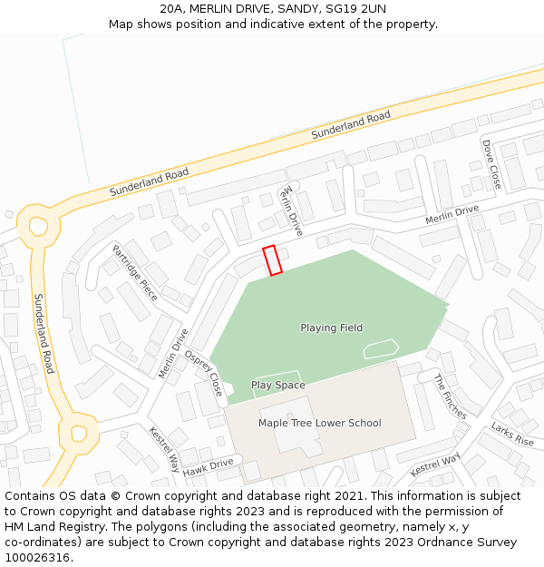 20A, MERLIN DRIVE, SANDY, SG19 2UN: Location map and indicative extent of plot