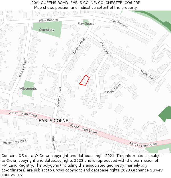 20A, QUEENS ROAD, EARLS COLNE, COLCHESTER, CO6 2RP: Location map and indicative extent of plot