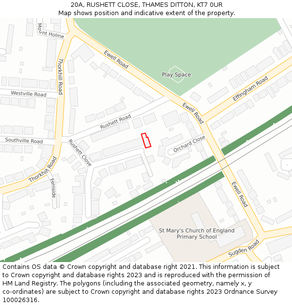 20A, RUSHETT CLOSE, THAMES DITTON, KT7 0UR: Location map and indicative extent of plot