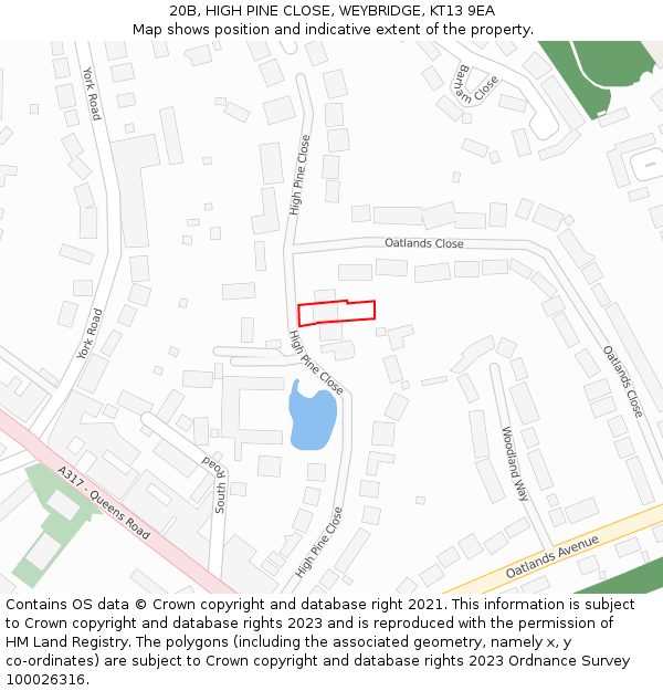 20B, HIGH PINE CLOSE, WEYBRIDGE, KT13 9EA: Location map and indicative extent of plot