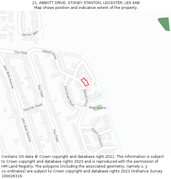 21, ABBOTT DRIVE, STONEY STANTON, LEICESTER, LE9 4AB: Location map and indicative extent of plot