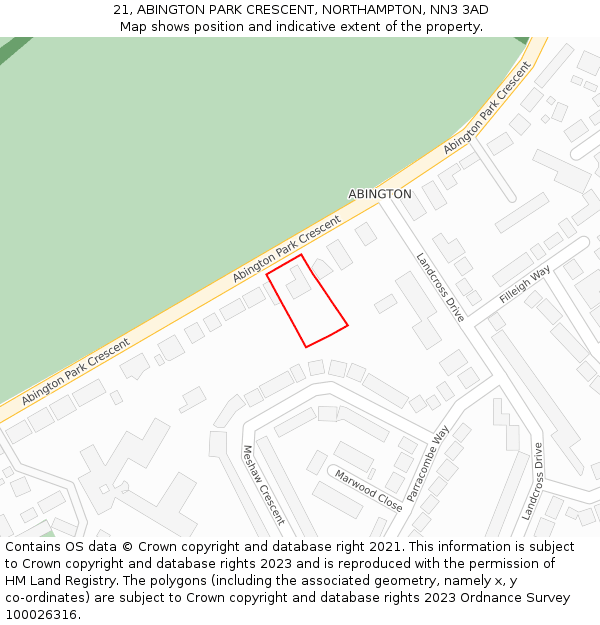 21, ABINGTON PARK CRESCENT, NORTHAMPTON, NN3 3AD: Location map and indicative extent of plot