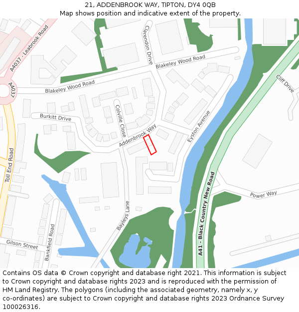 21, ADDENBROOK WAY, TIPTON, DY4 0QB: Location map and indicative extent of plot