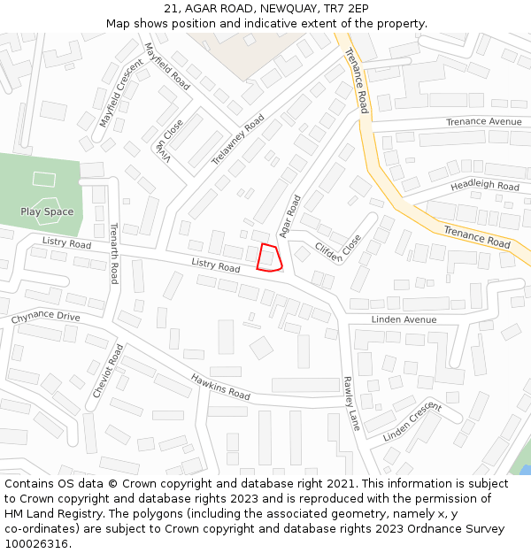 21, AGAR ROAD, NEWQUAY, TR7 2EP: Location map and indicative extent of plot