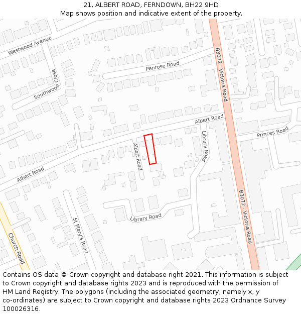 21, ALBERT ROAD, FERNDOWN, BH22 9HD: Location map and indicative extent of plot