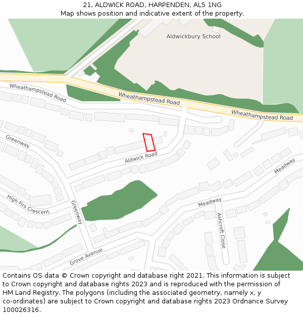 21, ALDWICK ROAD, HARPENDEN, AL5 1NG: Location map and indicative extent of plot