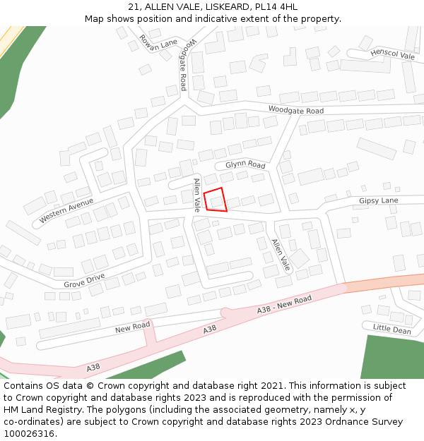 21, ALLEN VALE, LISKEARD, PL14 4HL: Location map and indicative extent of plot
