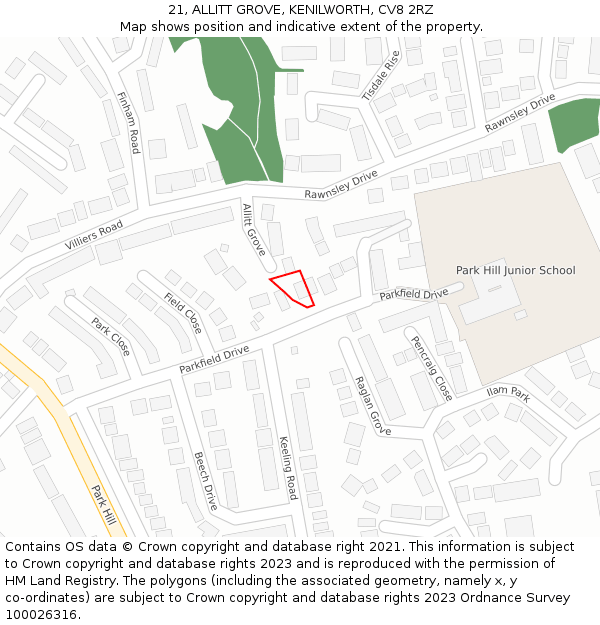 21, ALLITT GROVE, KENILWORTH, CV8 2RZ: Location map and indicative extent of plot