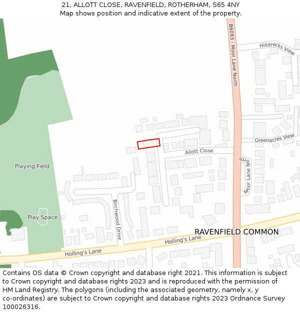 21, ALLOTT CLOSE, RAVENFIELD, ROTHERHAM, S65 4NY: Location map and indicative extent of plot