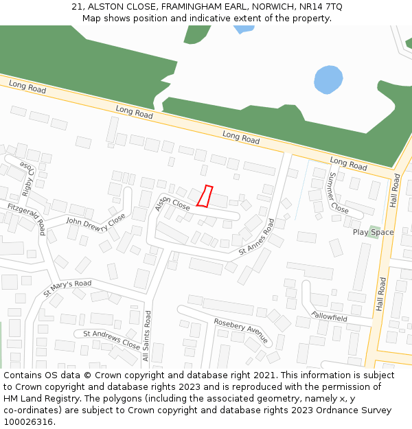 21, ALSTON CLOSE, FRAMINGHAM EARL, NORWICH, NR14 7TQ: Location map and indicative extent of plot