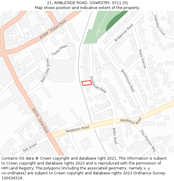 21, AMBLESIDE ROAD, OSWESTRY, SY11 2YJ: Location map and indicative extent of plot