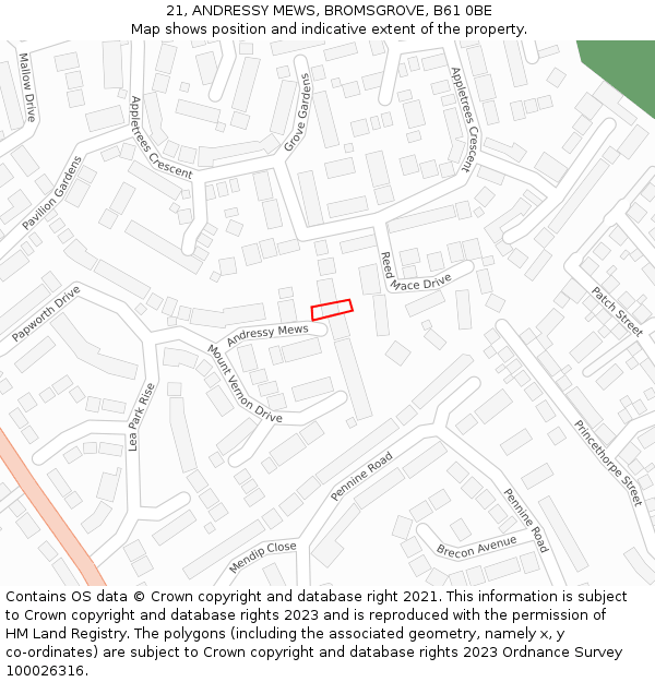 21, ANDRESSY MEWS, BROMSGROVE, B61 0BE: Location map and indicative extent of plot