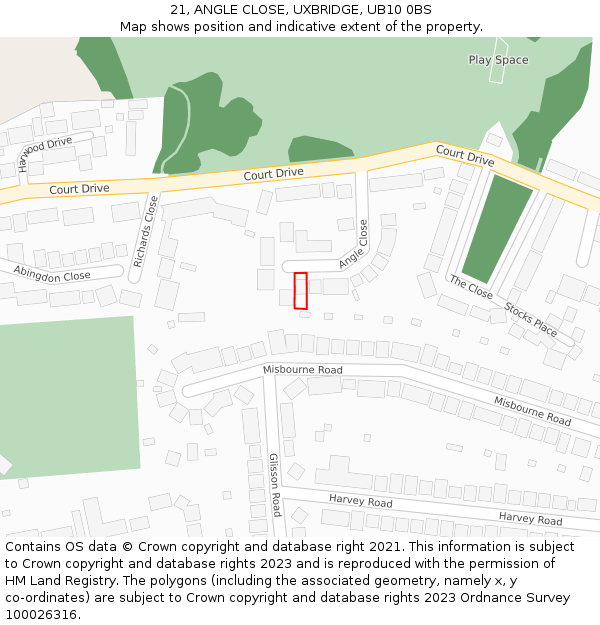 21, ANGLE CLOSE, UXBRIDGE, UB10 0BS: Location map and indicative extent of plot