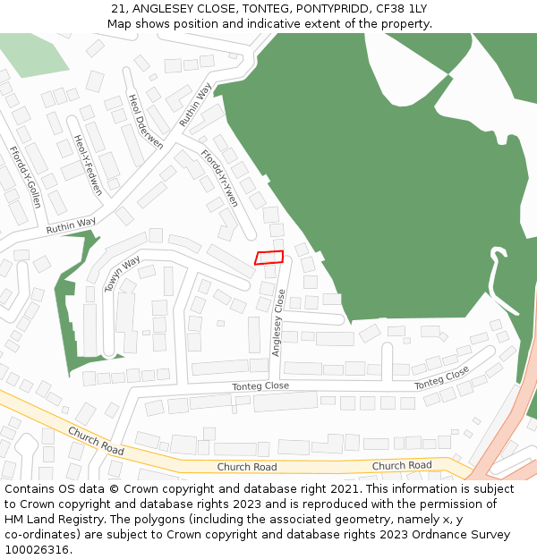 21, ANGLESEY CLOSE, TONTEG, PONTYPRIDD, CF38 1LY: Location map and indicative extent of plot