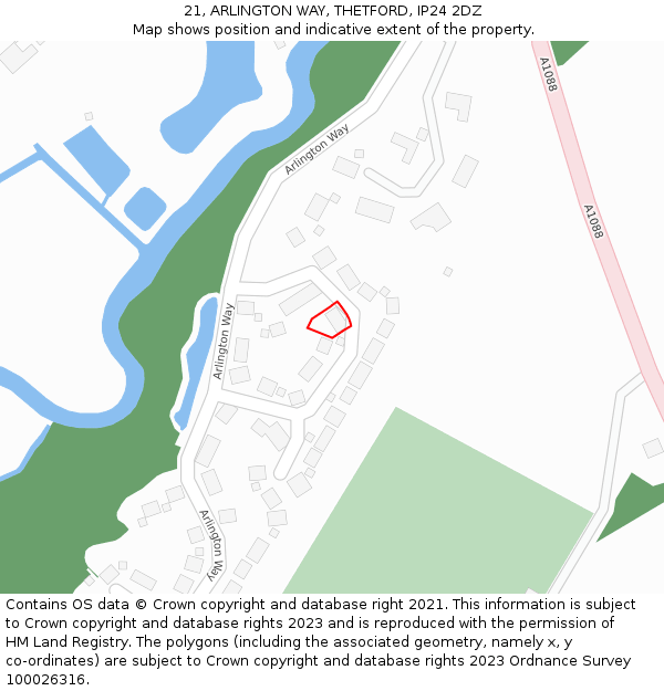 21, ARLINGTON WAY, THETFORD, IP24 2DZ: Location map and indicative extent of plot