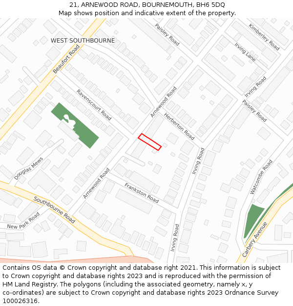 21, ARNEWOOD ROAD, BOURNEMOUTH, BH6 5DQ: Location map and indicative extent of plot