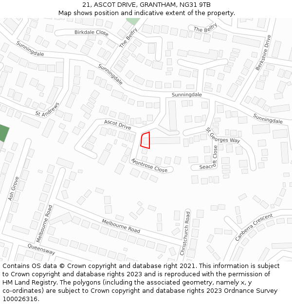 21, ASCOT DRIVE, GRANTHAM, NG31 9TB: Location map and indicative extent of plot