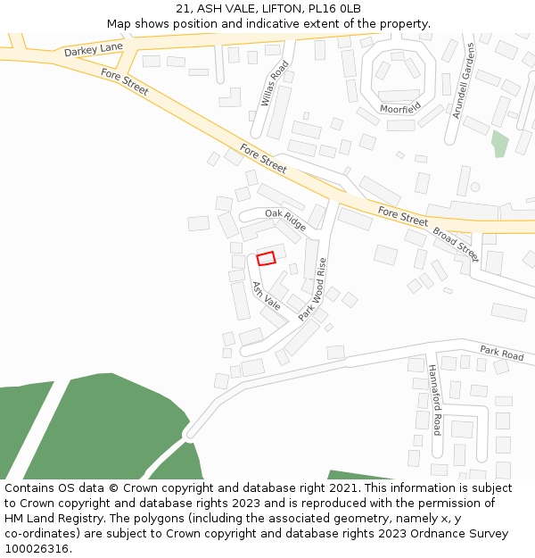 21, ASH VALE, LIFTON, PL16 0LB: Location map and indicative extent of plot