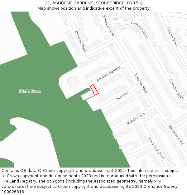 21, ASHDENE GARDENS, STOURBRIDGE, DY8 5JQ: Location map and indicative extent of plot
