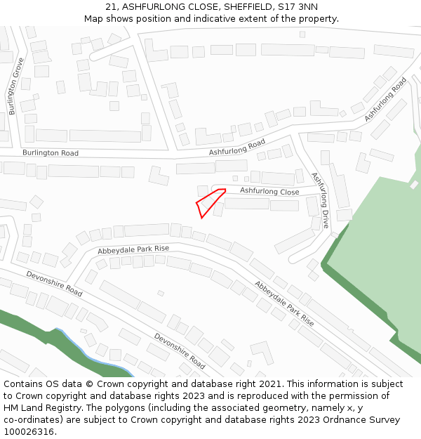 21, ASHFURLONG CLOSE, SHEFFIELD, S17 3NN: Location map and indicative extent of plot